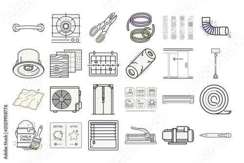 Home Improvement Outline Icons or Renovation Tools Linear Style Set