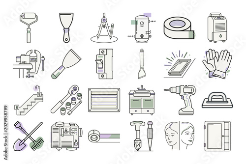 Home Improvement Thin Line Icon Set or Home Renovation Outline Tool Icons