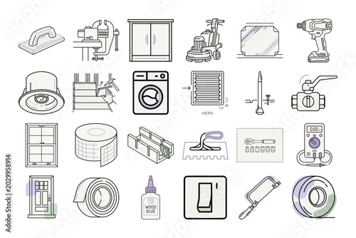Home Improvement Tools Line Art Icon or Home Renovation Equipment Linear Design