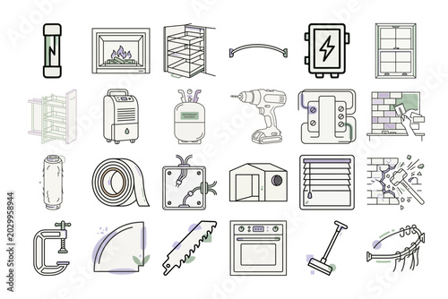 Home Improvement Tools Line Art Icon Set or Renovation Equipment Outline Graphic Elements