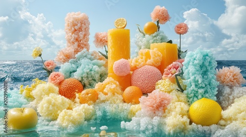 Colorful fruit and flower island on a backdrop of ocean and sky