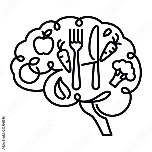 Photos Brain health nutrition icon, human brain outline with healthy food and cutlery,