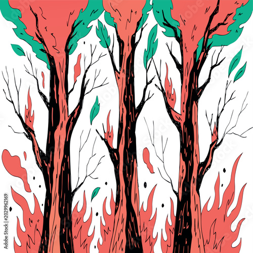 Photos Flat vector illustration of a forest wildfire scene with burning trees, orange f