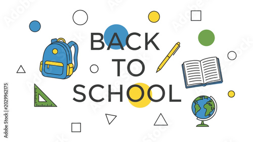 Slika na platnu Back to School Essentials: A vibrant illustration showcasing essential school supplies including a backpack, open book, globe, ruler, and pen