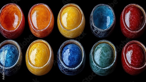 Colorful, textured, oval-shaped containers arranged in a grid on black background
