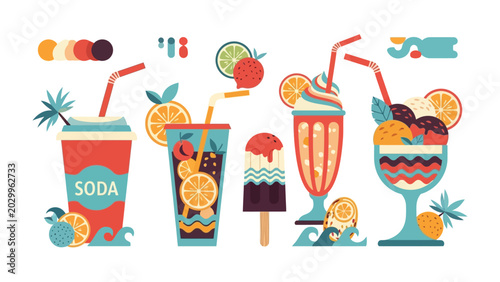 Foto Vibrant Summer Refreshments: A collection of colorful, stylized beverages and frozen treats, including soda, juice, ice cream, and popsicles