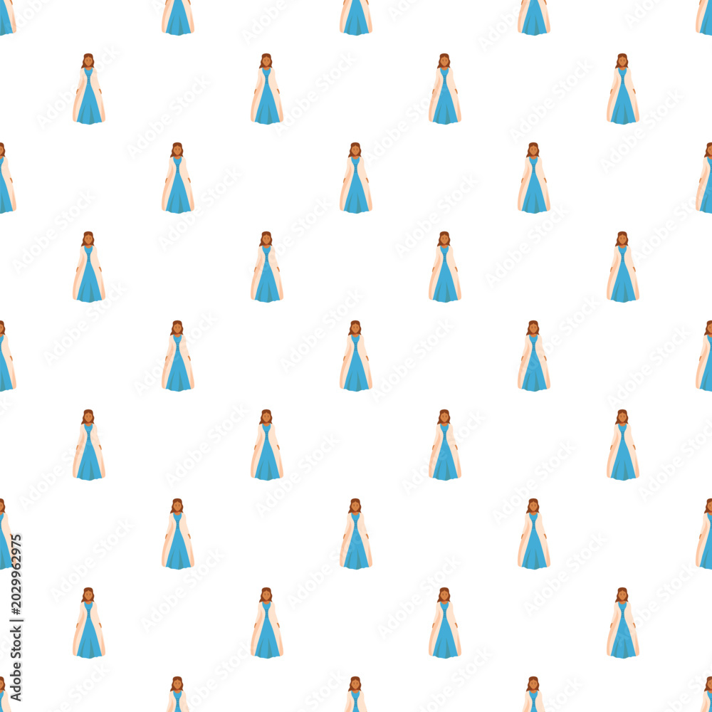 Fototapeta premium Cartoon woman character wearing a blue dress repeated in a seamless pattern