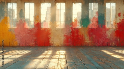 Colorful, urban, industrial space with sunlight through windows