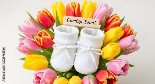 Spring Baby Shower Arrangement with Tulips and Baby Shoes.