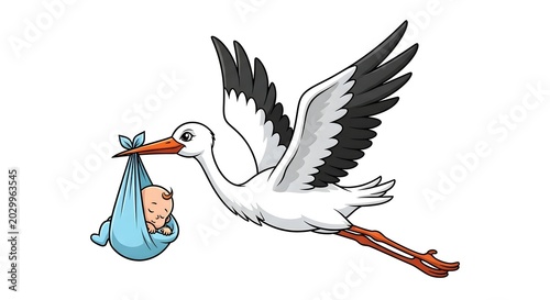 Stork Flying with Baby Bundle in Beak Illustration.