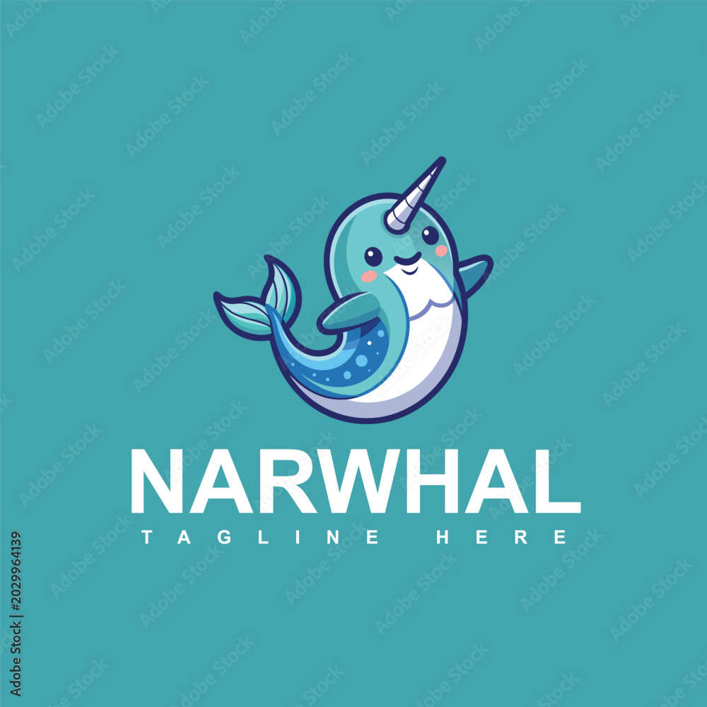 Obraz premium magical narwhal mascot cartoon logo modern vector branding design