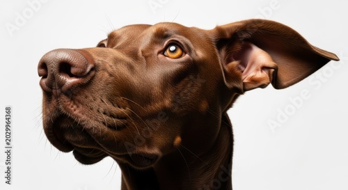 Close-up Portrait of a Majestic Brown Vizsla Dog Looking Up Against a White Background for Commercial Use