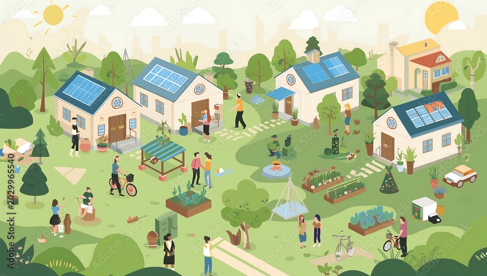 Fototapeta premium Generative AI depicts a lively eco-friendly community with solar-powered homes