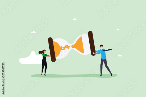 Time is Money Concept Vector Illustration with Businesspeople Holding Hourglass