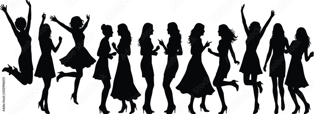 Fototapeta premium Silhouetted diverse group of people raising hands in celebration against white background diversity