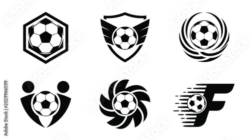 Принти на полотні Set of six professional soccer and football club logo designs featuring various symbols like shields, wings, and dynamic motion