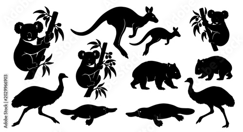 Canvas Print Australian Wildlife Silhouettes: Kangaroo, Koala, Emu, Wombat, Platypus Vector P