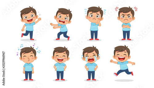 Cartoon boy various emotions expressions