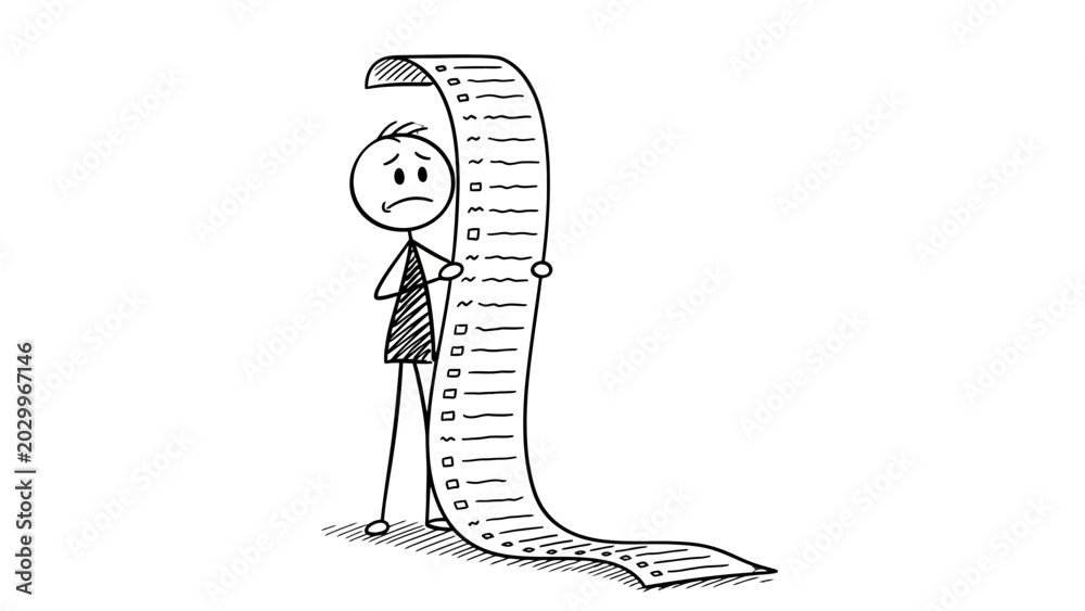 Fototapeta premium Stressed Stick Figure Looking at an Extremely Long Checklist, Feeling Overwhelmed by Tasks on Isolated White Background