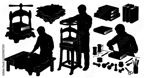 Foto Vintage Bookbinding Silhouettes, Craftsmanship Tools & Printing Press Vector Set