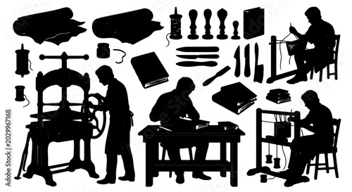 Schilderij op canvas Bookbinding Craftsmanship Silhouettes, Vintage Artisan Workshop Elements, Histor