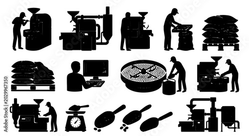 Bilde på lerret Coffee Roasting Process Icons, Industrial Equipment & Manual Labor Silhouettes,