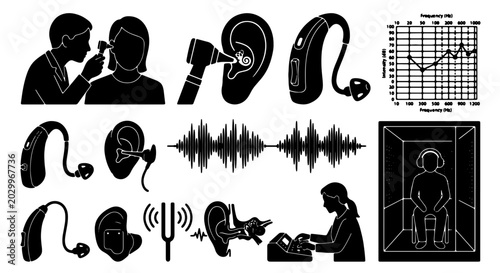 Bild auf Leinwand Hearing Health Icons: Audiology Equipment, Hearing Aids, Sound Waves, Audiogram,