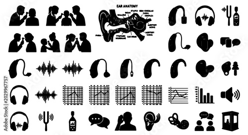 Schilderij op canvas Hearing Aid Icons and Ear Anatomy Vector Set: Audiology, Sound Waves, and Commun