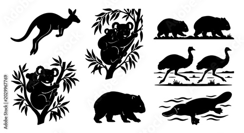 Canvas Print Australian Wildlife Silhouettes: Kangaroo, Koala, Wombat, Emu, Platypus Vector I