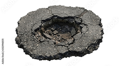 Circular broken asphalt pavement with deep round pothole and crumbling edges, exposed aggregate and soil center