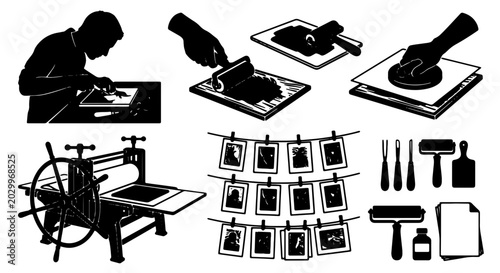 Foto Printmaking Tools and Techniques Vector Set, Artist Creating Art, Ink Rollers, P