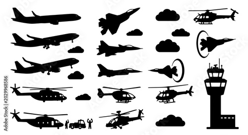 Quadro em tela Silhouette Aircraft and Aviation Icons: Commercial Jets, Fighter Planes, Helicop