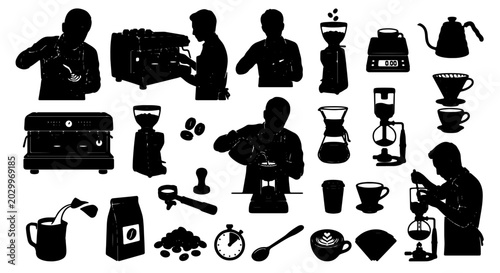 Fotografie Barista Silhouette Icons, Coffee Making Equipment Vector Set, Espresso Machine,