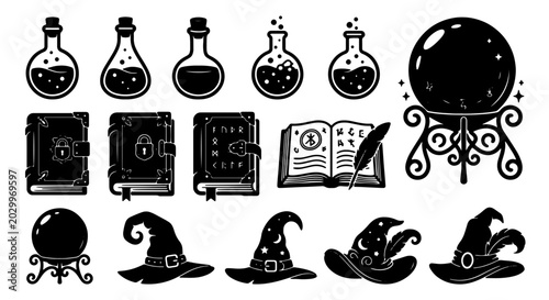 фотографія Mystical Magic Icons Set, Witchcraft Potions, Spellbooks, Crystal Balls, and Wiz