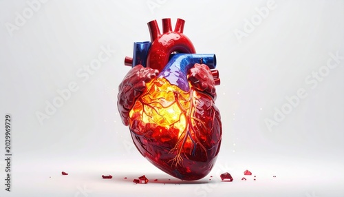Radiant, glowing heart erupts with fiery energy, casting sparks