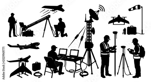 Foto Drone Technology and Surveying Equipment Set, Aerial Surveillance and Geospatial