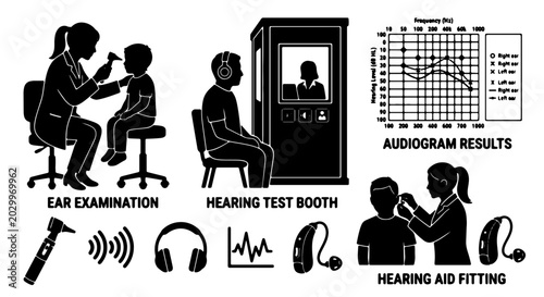 Photos Hearing Health Icons: Ear Examination, Audiogram Results, Hearing Test Booth, He