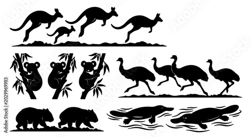 Photography Australian Wildlife Silhouettes: Kangaroos, Koalas, Emus, Platypus, Wombats Vect