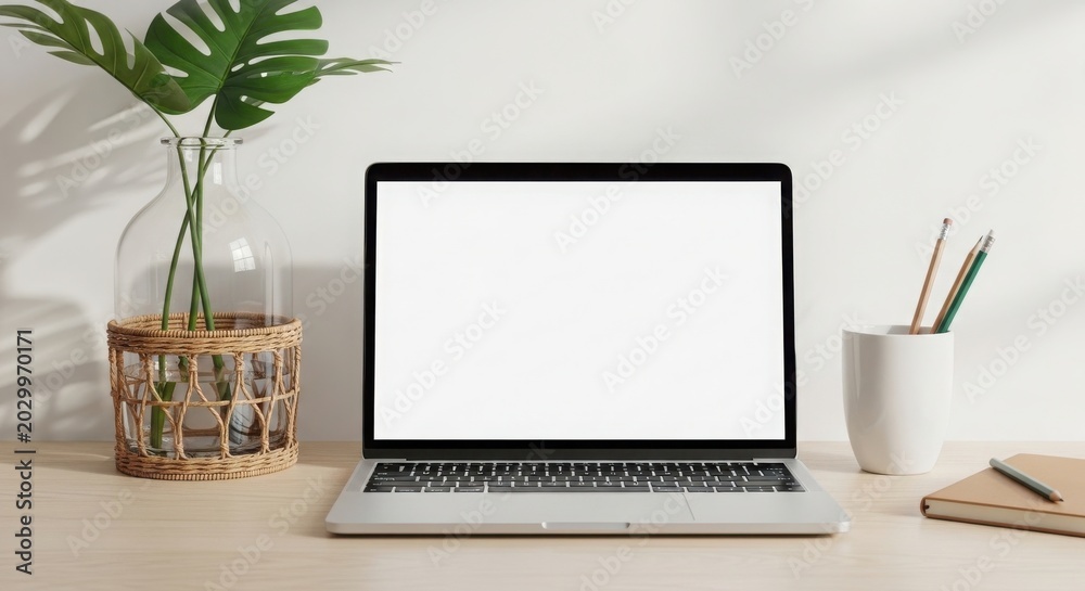 Fototapeta premium Minimalist home office desk setup with an empty laptop screen for website mockups