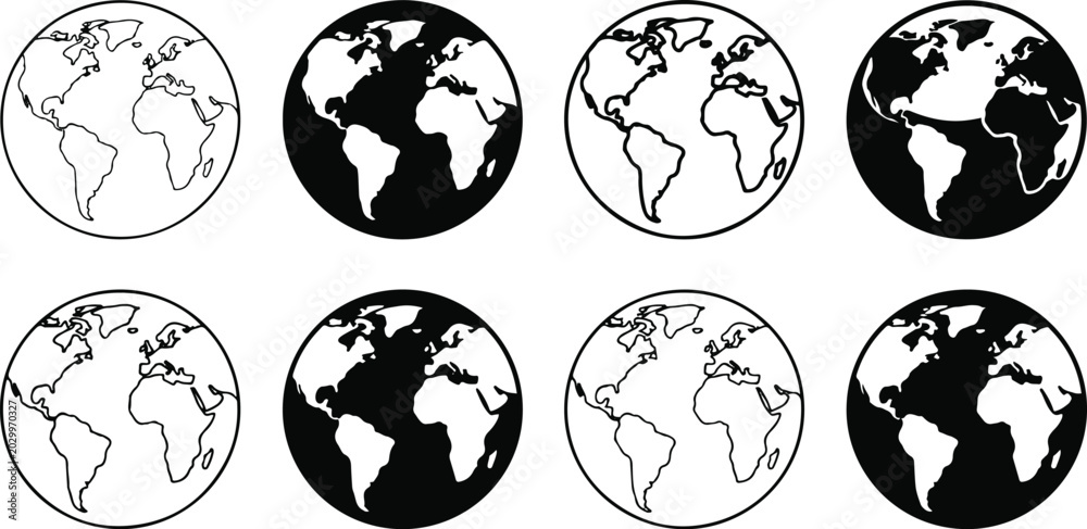 Obraz premium World map and global earth icons set with geography, international connection and planet symbols for navigation concepts