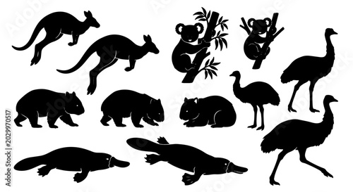 Cuadro en lienzo Australian Wildlife Silhouette Collection: Kangaroos, Koalas, Wombats, Platypus,