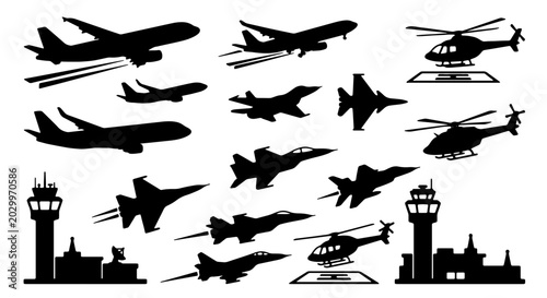 Foto Jet Fighter and Helicopter Silhouettes, Aviation Icons, Aircraft Collection, Air