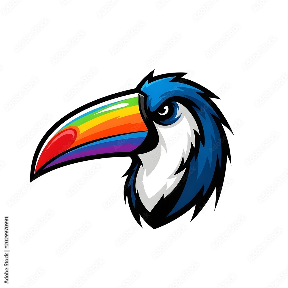 Fototapeta premium Close up of a toucan's head with a rainbow beak against a white background in a graphic illustration style