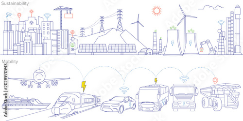 Sustainable Mobility and Clean Energy Technology Illustration, Smart City Sustainability and Transportation Concept, hand drawn in thin line style