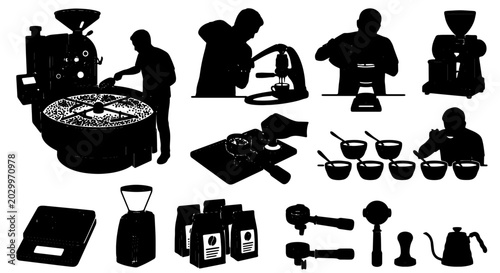 Tableau sur toile Coffee Roasting and Brewing Process, Barista Tools, Silhouette Vector Icons Set