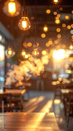 Warm ambient light illuminates a cafe interior with Edison bulbs.