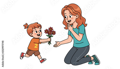 Child giving flowers to surprised woman, kneeling, smiling, indoors, nobody else