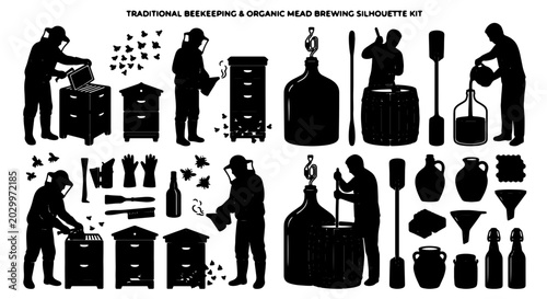 Schilderij op canvas Traditional Beekeeping & Organic Mead Brewing Silhouette Kit: Apiary Tools, Hone
