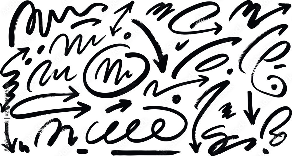 Fototapeta premium Hand drawn arrows and strokes in black on white background for graphic design
