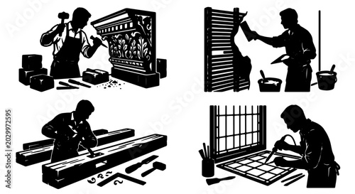Tableau sur toile Craftsman Silhouette Set: Stone Carving, Woodworking, Metalwork, and Stained Gla